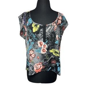 Fox Riders Women's Floral Short Sleeve Blouse Top Size XL Moto Streetwear Racing